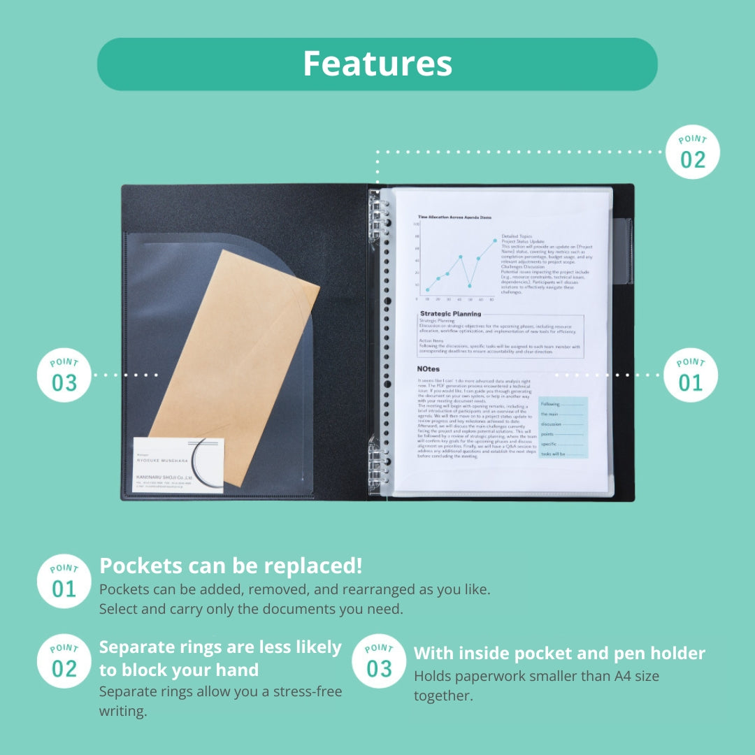 KAKIKO ring binder with writable pockets that can be added, removed, and rearranged without taking out documents